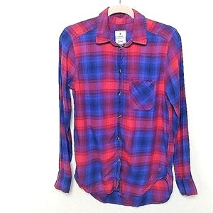 American Eagle Red and Blue Plaid Button Up Vintage Boyfriend Shirt Size XS
